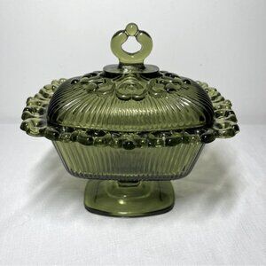 Vintage Indiana Glass Olive Green Rectangular Pedestal Lace Candy Dish w Lid